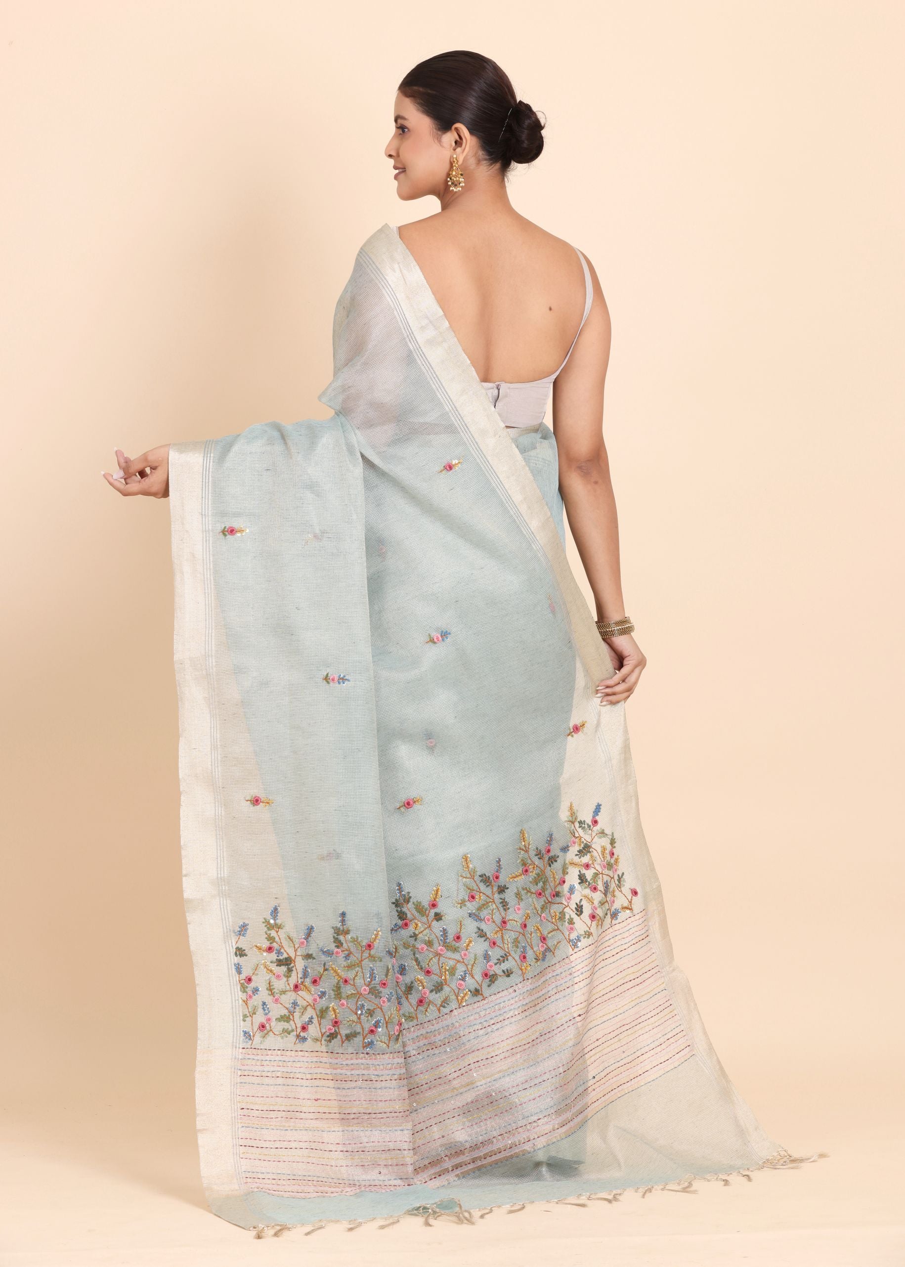 Sky Blue Lilen Tissue Saree With Floral Embroidered back