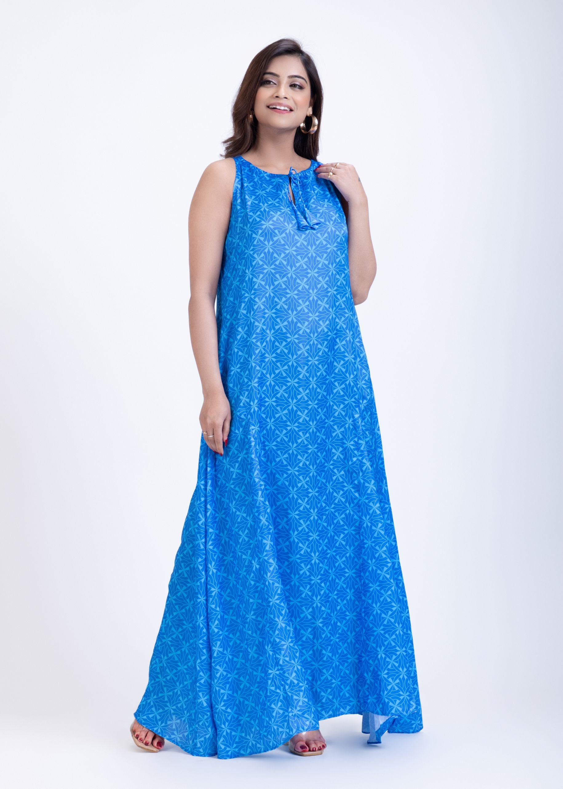 Sky Blue Printed Maxi Gown long Dress Full
