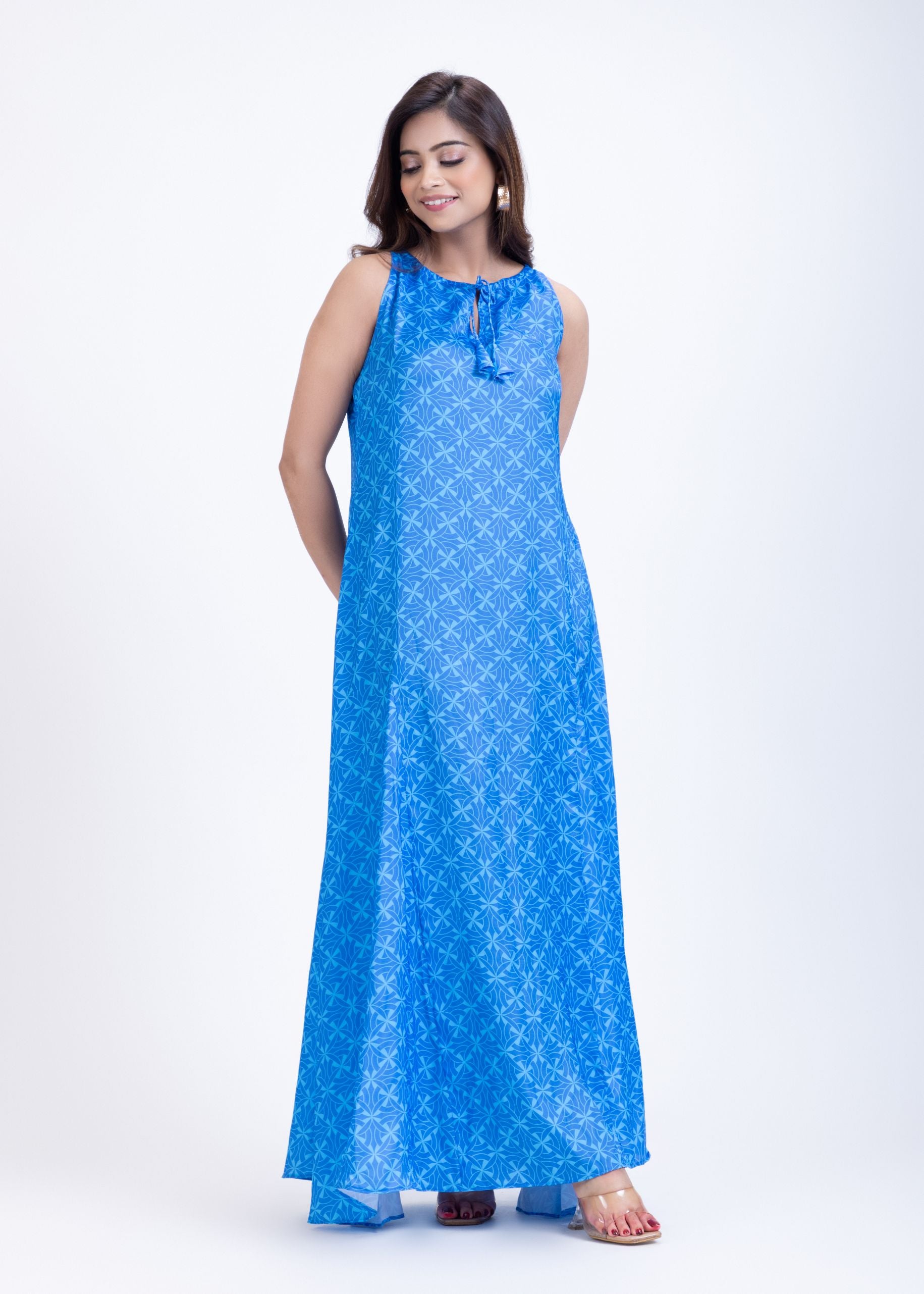 Sky Blue Printed Maxi Gown long Dress Front
