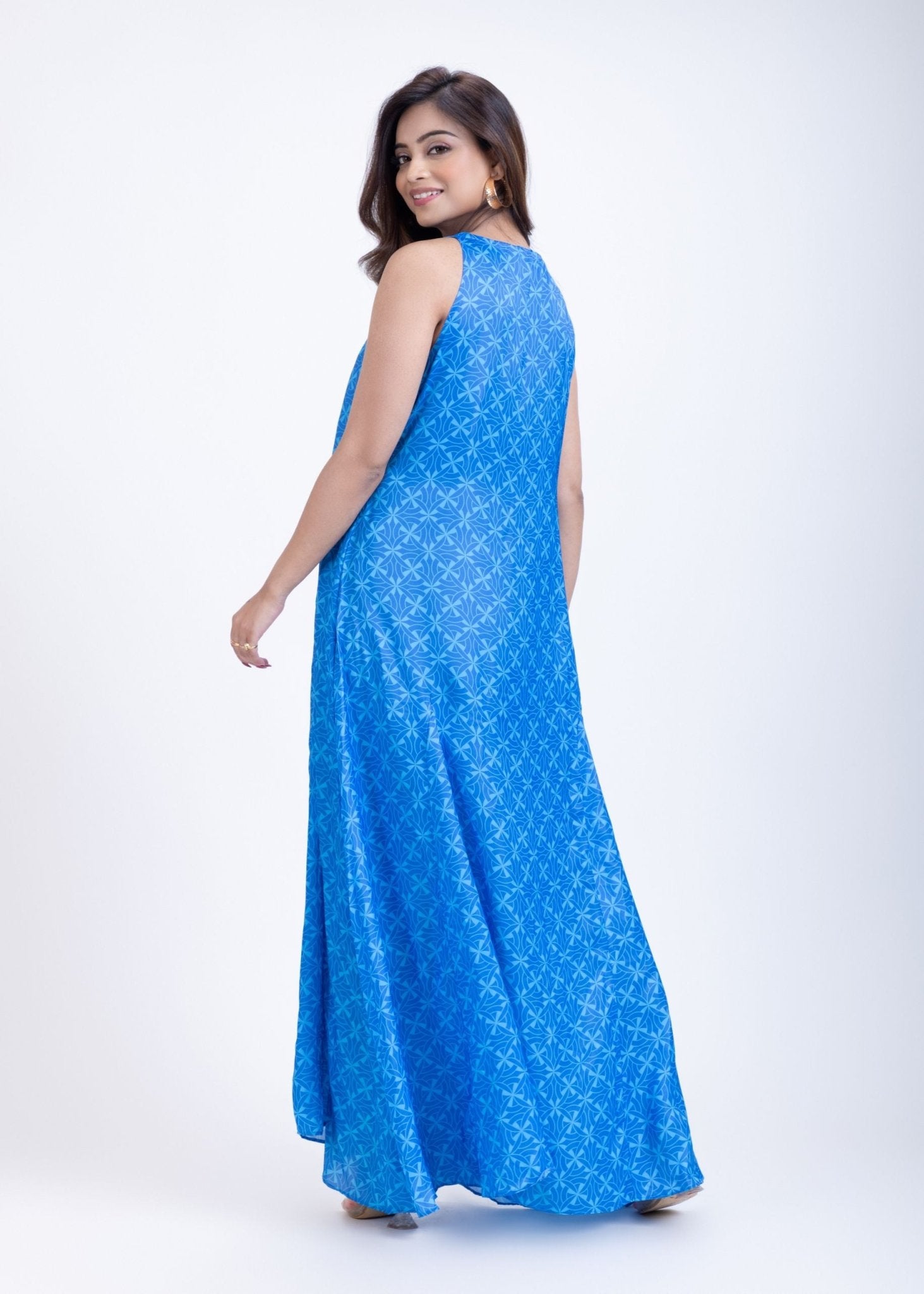 Sky Blue Printed Maxi Gown long Dress - Anvi Couture