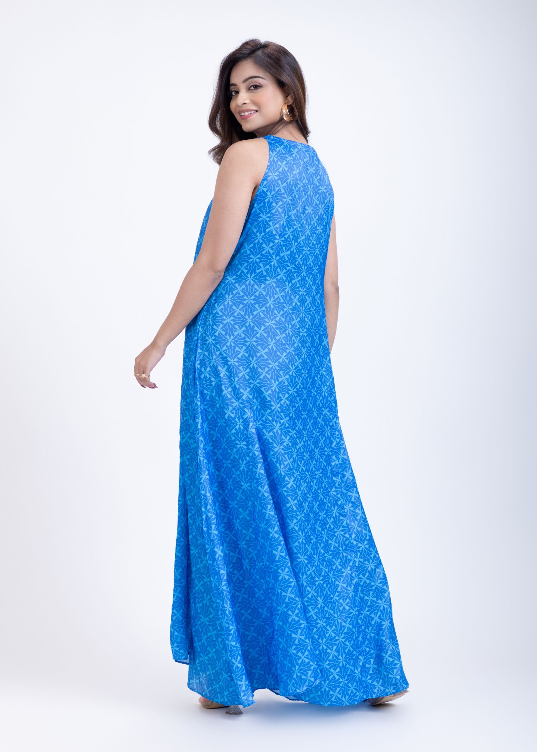 Sky Blue Printed Maxi Gown long Dress Back
