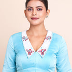 Sky Blue Satin Silk Blouse with White Embroidered Collar Front