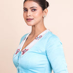 Sky Blue Satin Silk Blouse with White Embroidered Collar Left Side