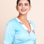 Sky Blue Satin Silk Blouse with White Embroidered Collar Rigth side