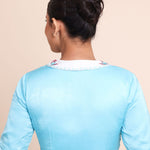 Sky Blue Satin Silk Blouse with White Embroidered Collar Back