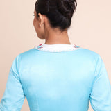 Sky Blue Satin Silk Blouse with White Embroidered Collar Back