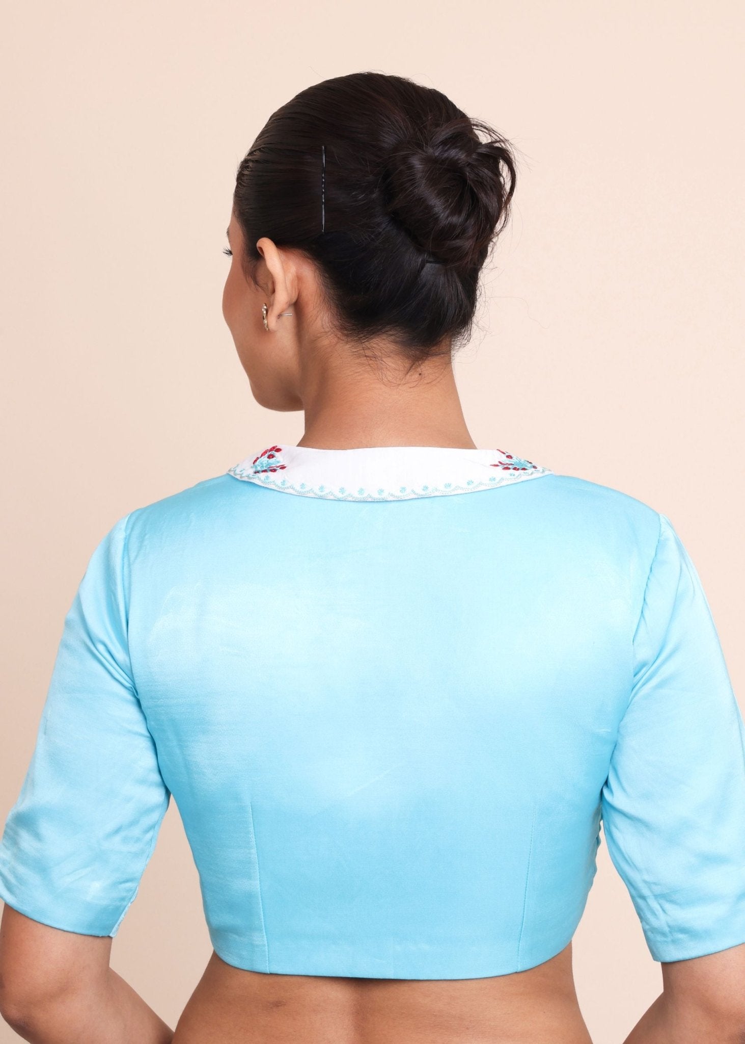 Sky Blue Satin Silk Blouse with White Embroidered Collar - Anvi Couture