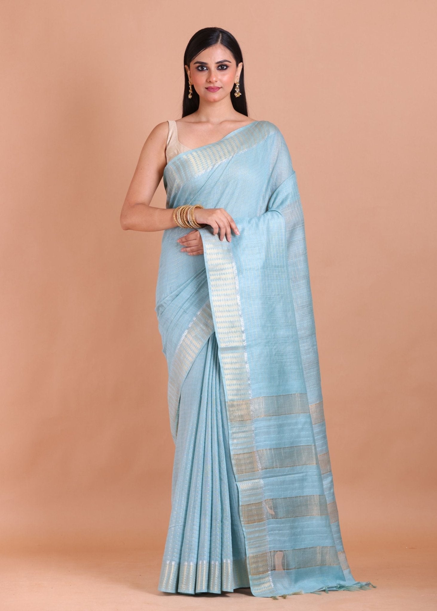 Sky Blue Silk Saree with Golden Border - Anvi Couture