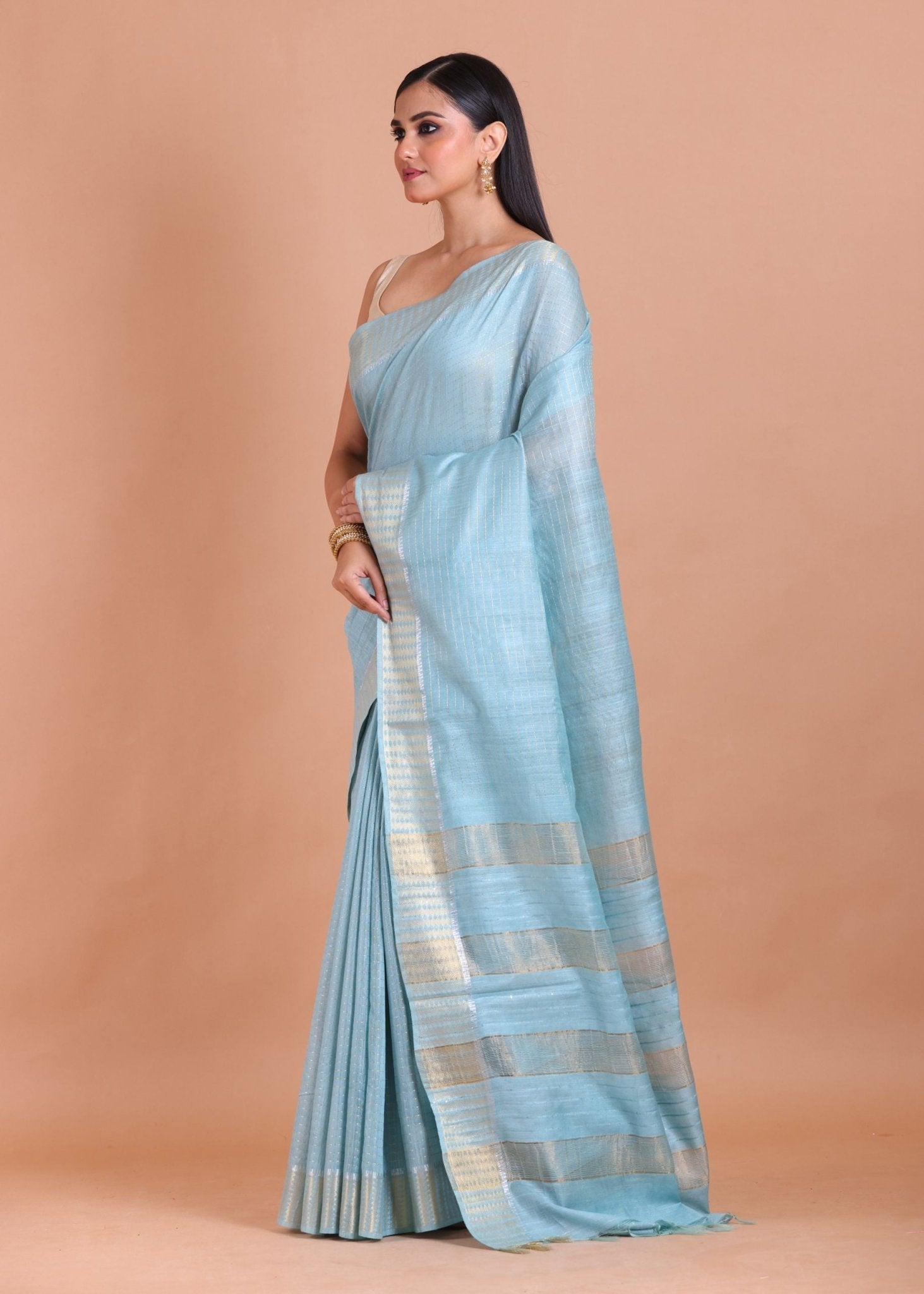 Sky Blue Silk Saree with Golden Border - Anvi Couture