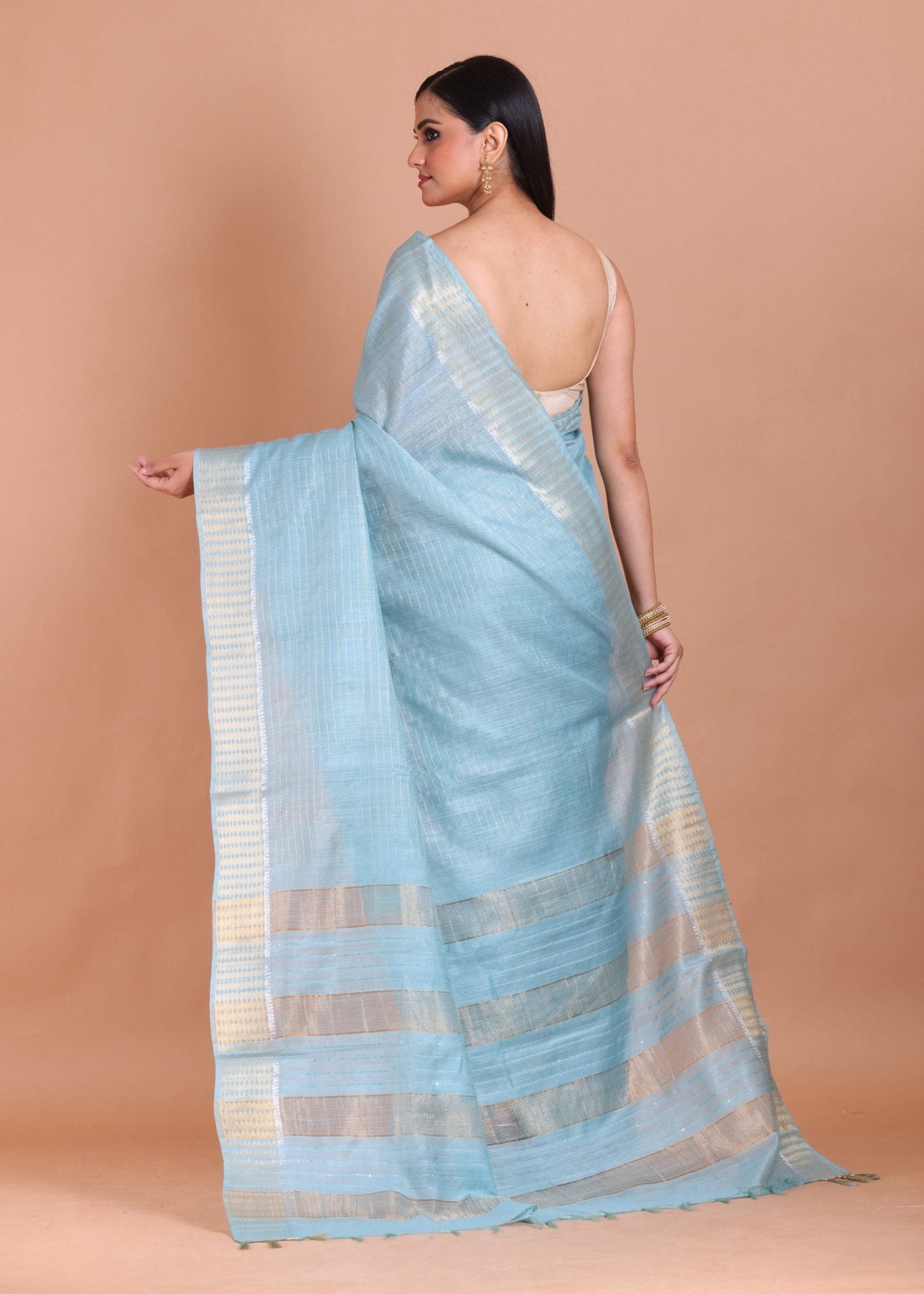 Sky Blue Silk Saree with Golden Border - Anvi Couture