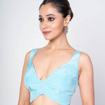 Sky Blue Sleeveless Satin Silk V - Neck Blouse With Back Closure - Anvi Couture