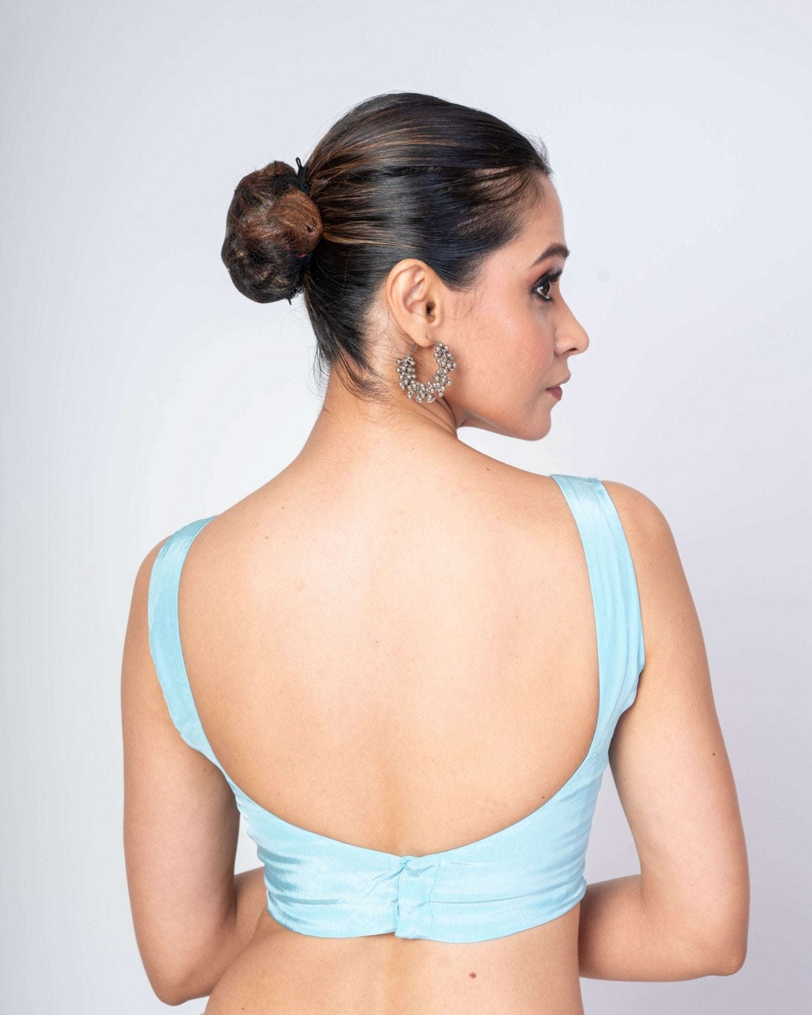 Sky Blue Sleeveless Satin Silk V - Neck Blouse With Back Closure - Anvi Couture