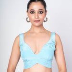 Sky Blue Sleeveless Satin Silk V - Neck Blouse With Back Closure - Anvi Couture