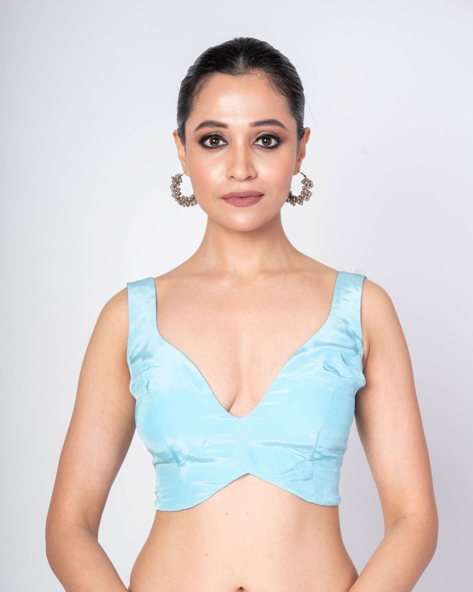 Sky Blue Sleeveless Satin Silk V - Neck Blouse With Back Closure - Anvi Couture