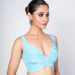 Sky Blue Sleeveless Satin Silk V - Neck Blouse With Back Closure - Anvi Couture