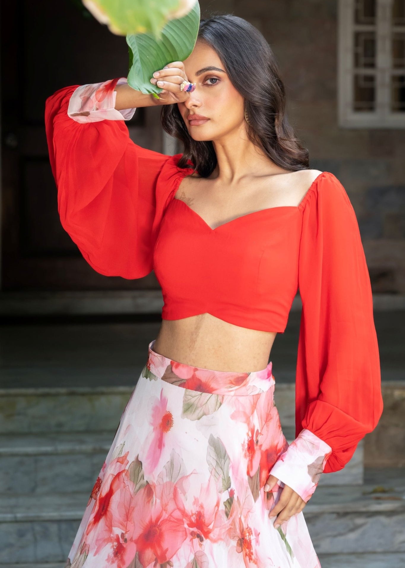 Soft Bloom White and Orange Floral Lehenga Ensemble | floral pattern lehenga 