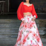 Soft Bloom White and Orange Floral Lehenga Ensemble | White Floral Wedding Dress