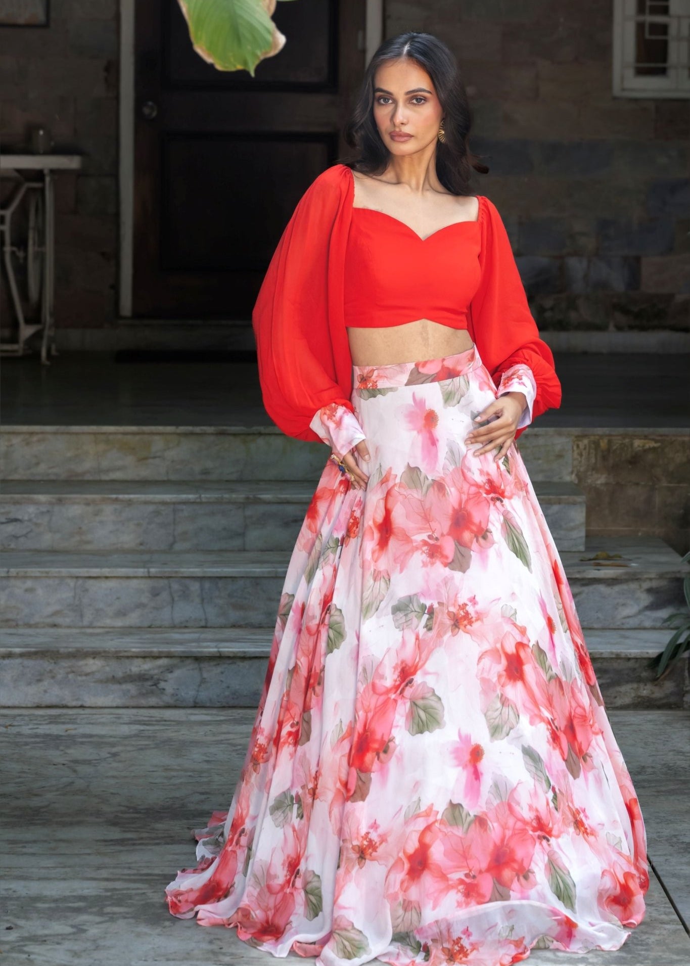 Soft Bloom White and Orange Floral Lehenga Ensemble | White Floral Wedding Dress