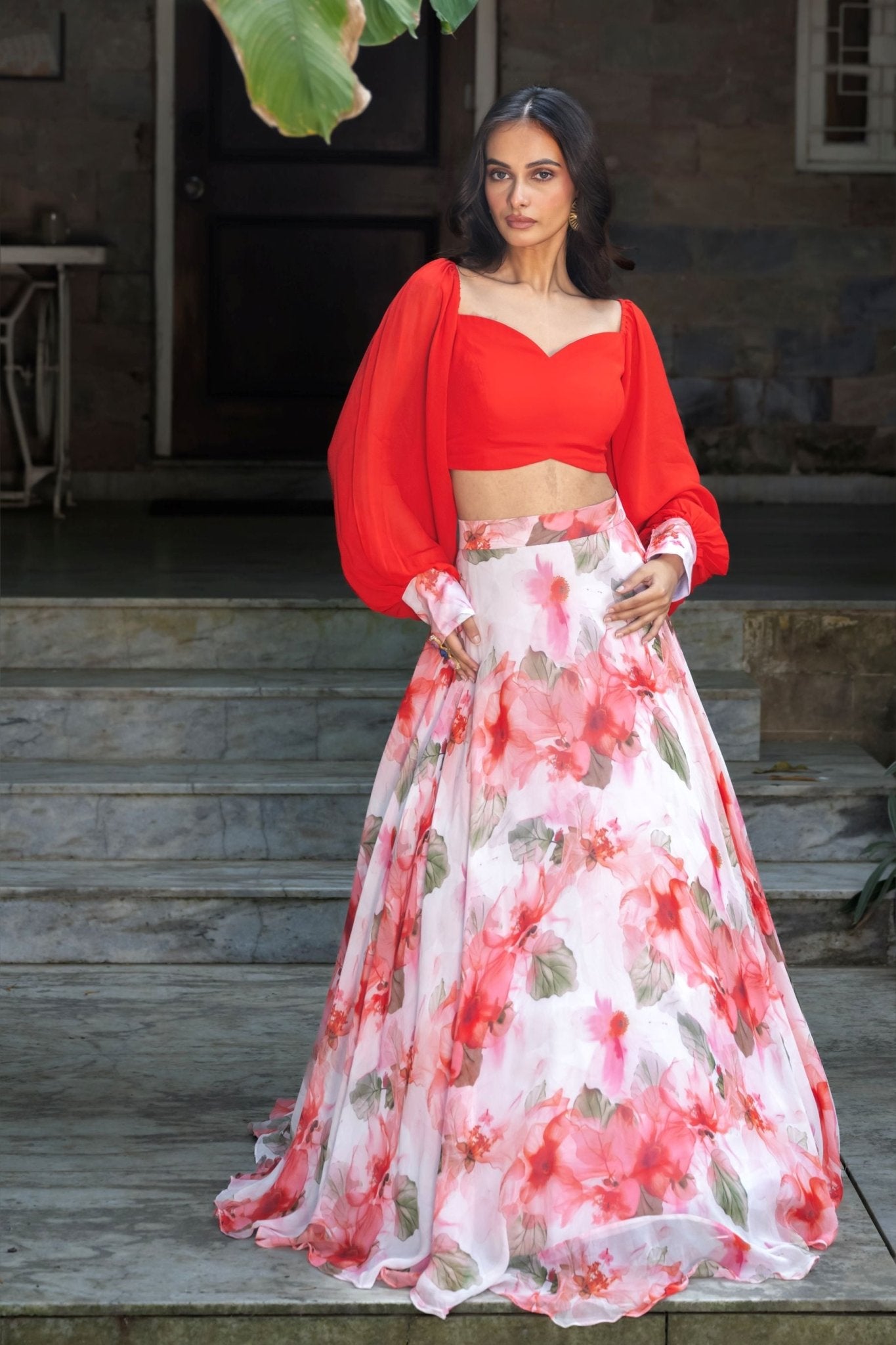 Soft Bloom White and Orange Floral Lehenga Ensemble | White Floral Wedding Dress