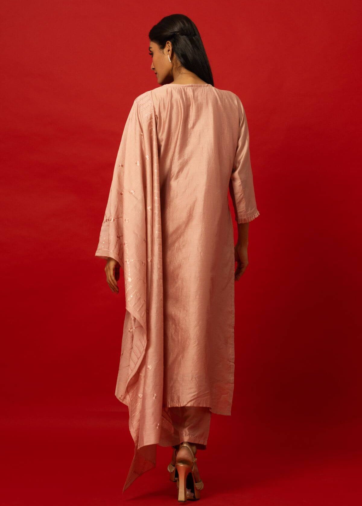 Lustrous Blush Pink Straight Kurta in Silk with Subtle Embroidered Patterns