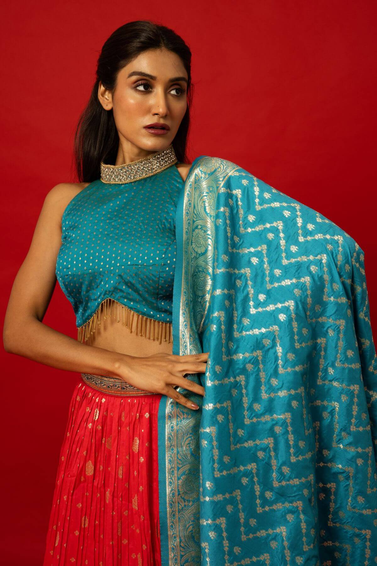 Pink and Blue Banarasi Silk Lehenga with Zari Work – Perfect for Bridesmaids