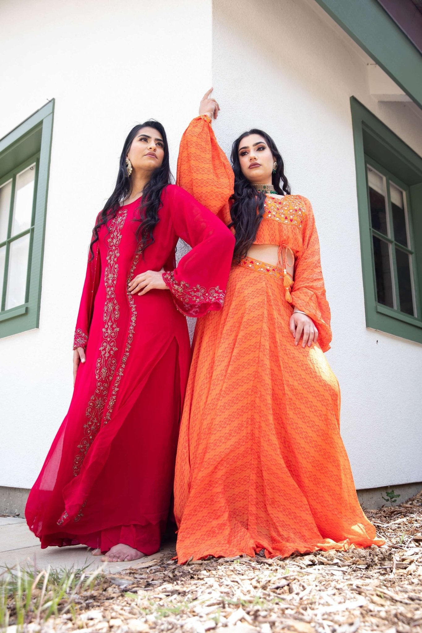 Sunrise Orange Drape Skirt with Embroidered Peplum Top - Anvi Couture