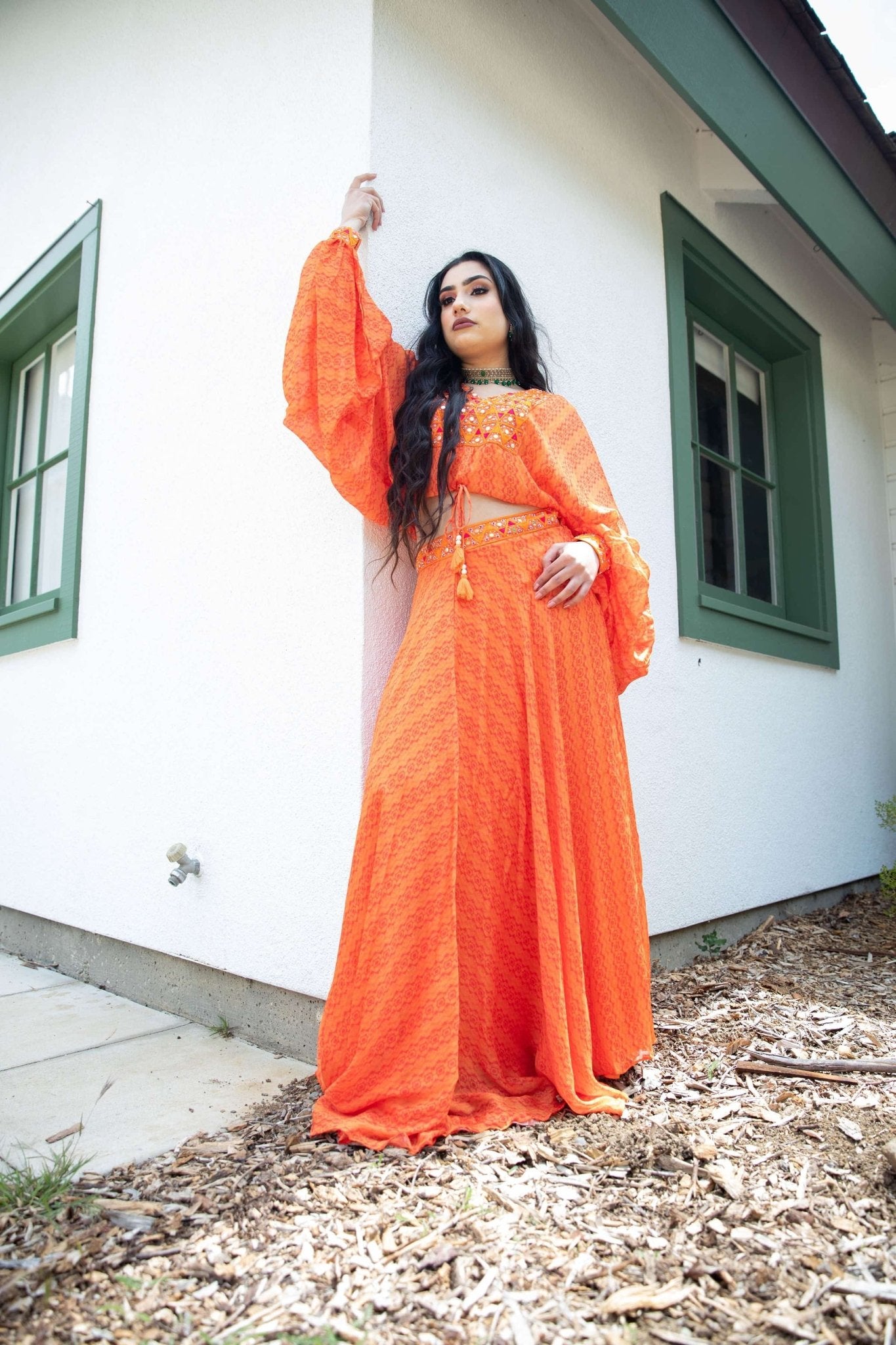 Sunrise Orange Drape Skirt with Embroidered Peplum Top - Anvi Couture