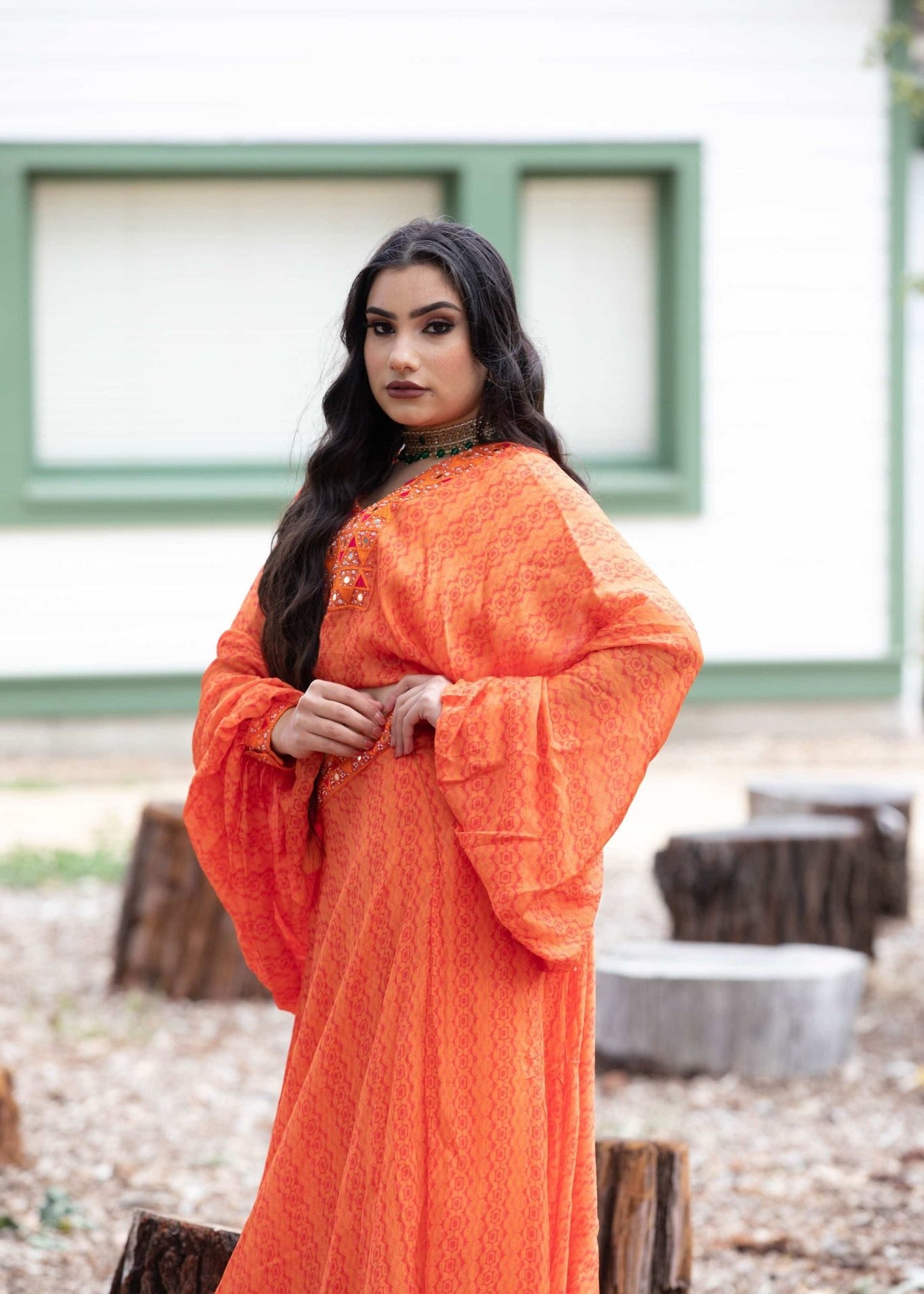 Sunrise Orange Drape Skirt with Embroidered Peplum Top - Anvi Couture