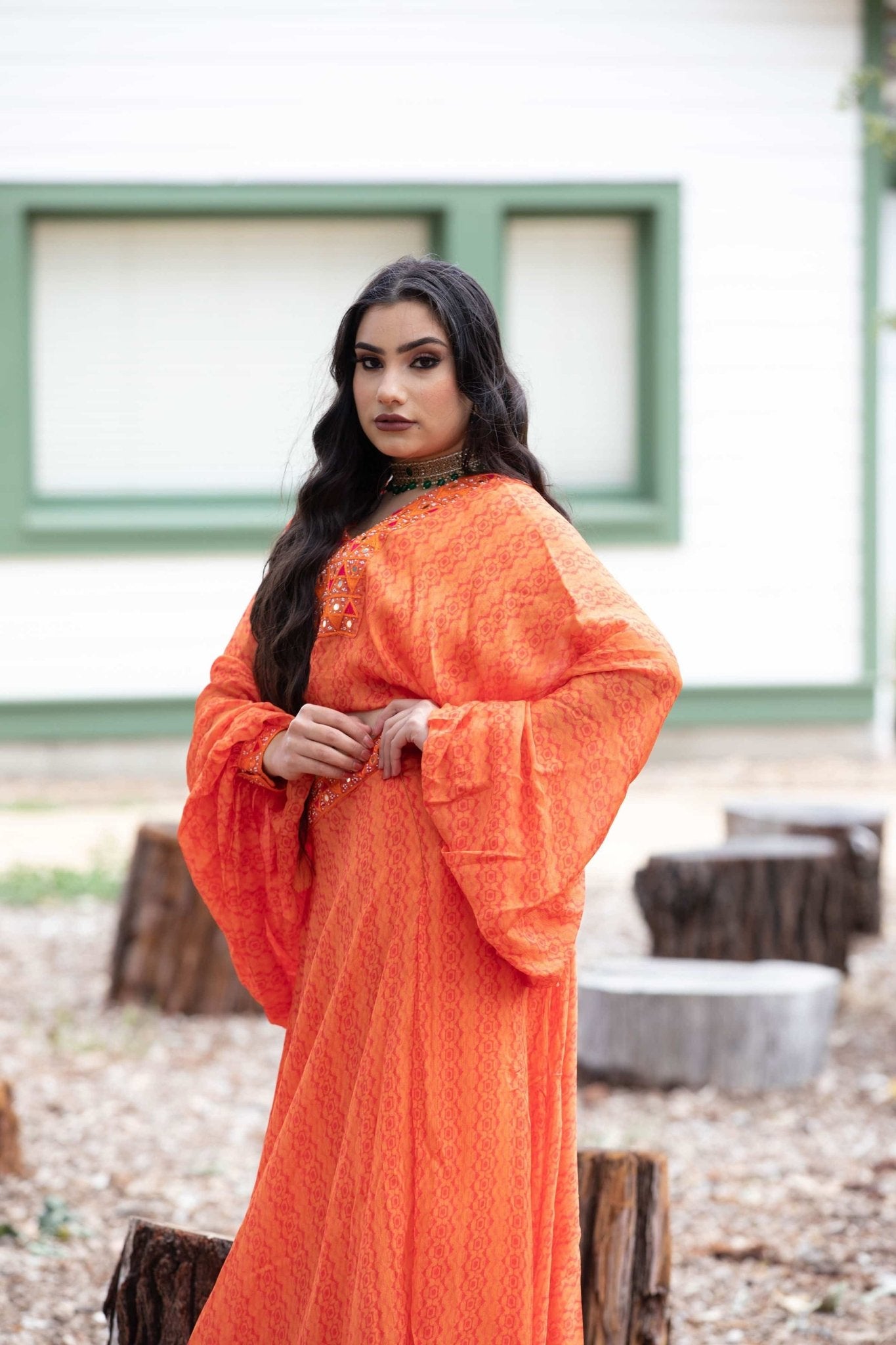 Sunrise Orange Drape Skirt with Embroidered Peplum Top - Anvi Couture