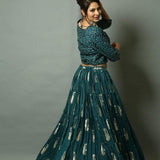 Teal Blue Handwoven Katan Silk Lehenga Set with Jacket - Anvi Couture