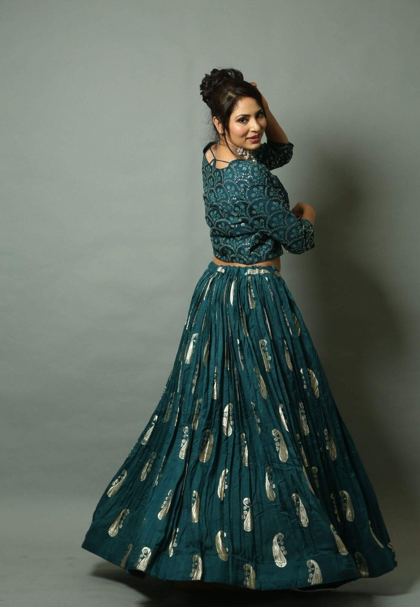 Teal Blue Handwoven Katan Silk Lehenga Set with Jacket - Anvi Couture