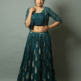 Teal Blue Handwoven Katan Silk Lehenga Set with Jacket - Anvi Couture