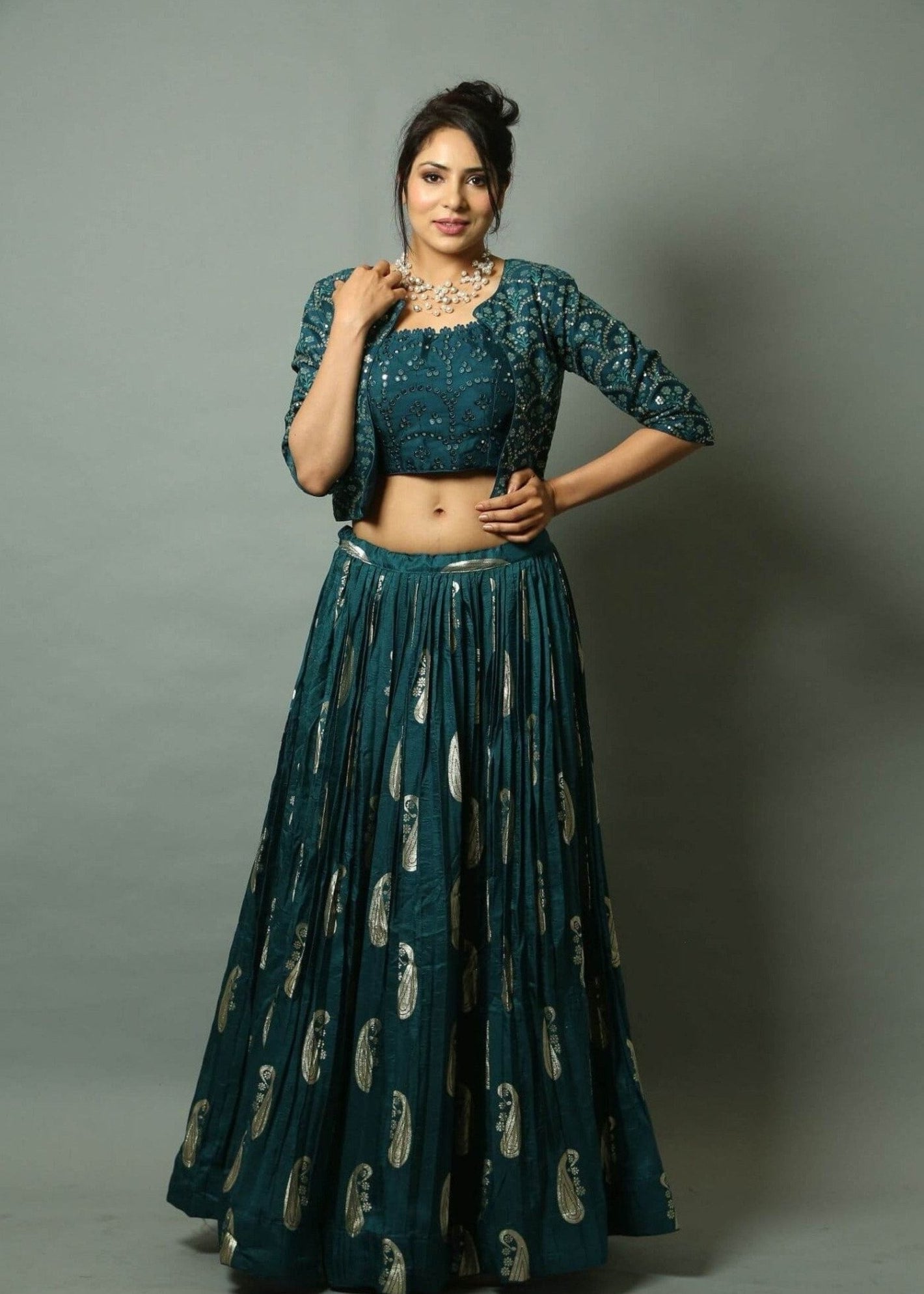 Teal Blue Handwoven Katan Silk Lehenga Set with Jacket - Anvi Couture