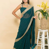 Teal Blue Pure Georgette Saree with Zardosi Embroidery - Anvi Couture