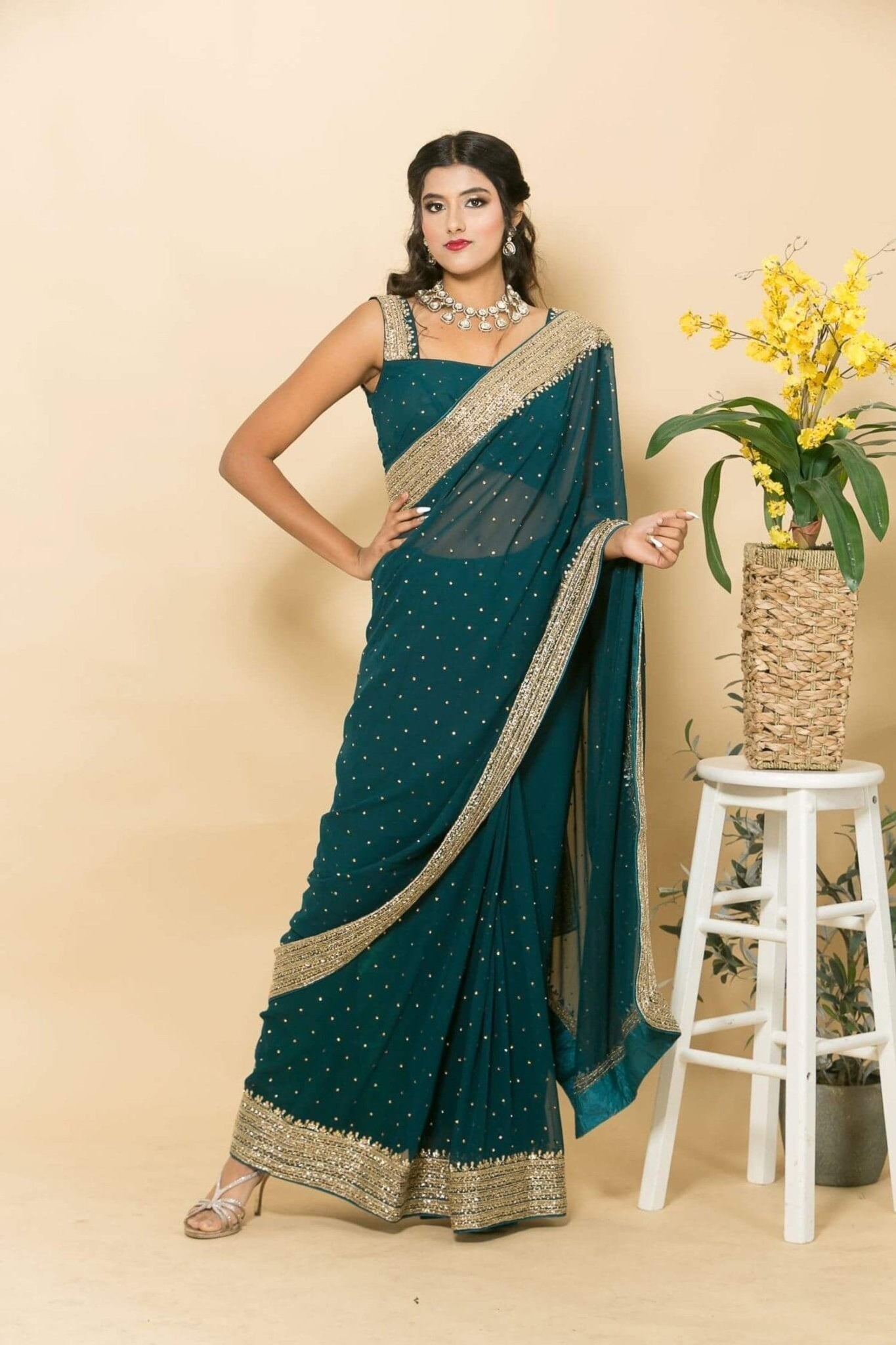 Teal Blue Pure Georgette Saree with Zardosi Embroidery - Anvi Couture