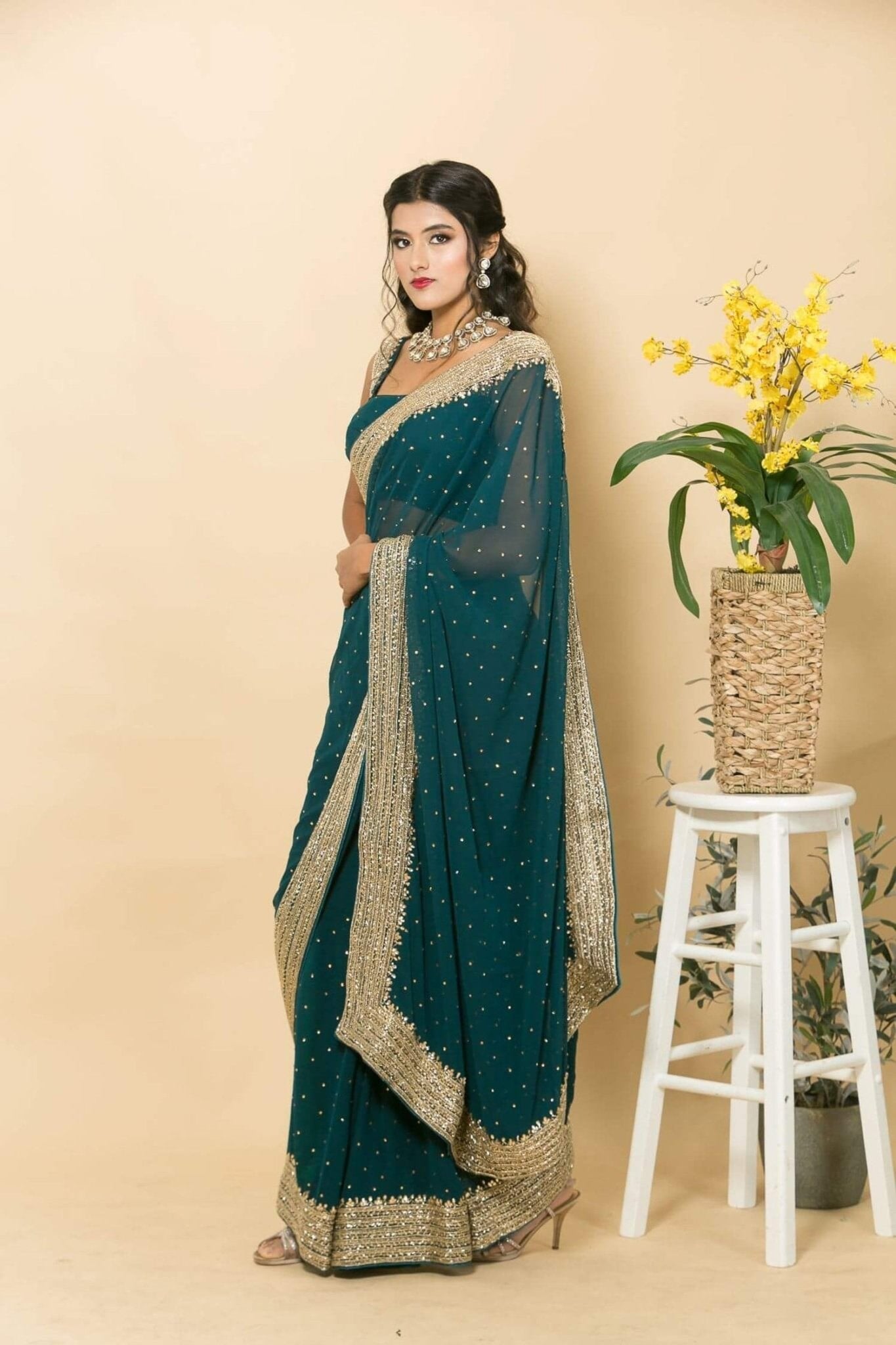 Teal Blue Pure Georgette Saree with Zardosi Embroidery - Anvi Couture