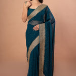 Teal Blue Designer Party Wear Saree Blouse Set With Hand Embroidered Border - Anvi Couture