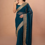 Teal Blue Designer Party Wear Saree Blouse Set With Hand Embroidered Border - Anvi Couture