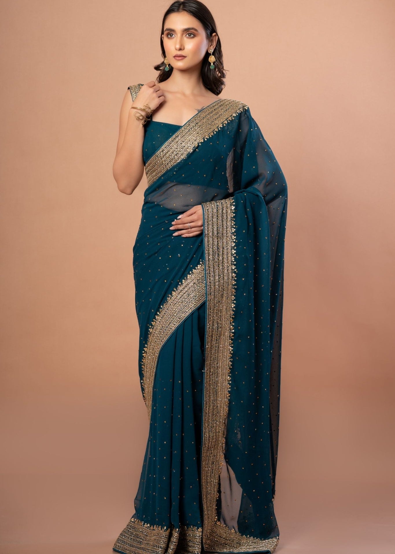 Teal Blue Designer Party Wear Saree Blouse Set With Hand Embroidered Border - Anvi Couture