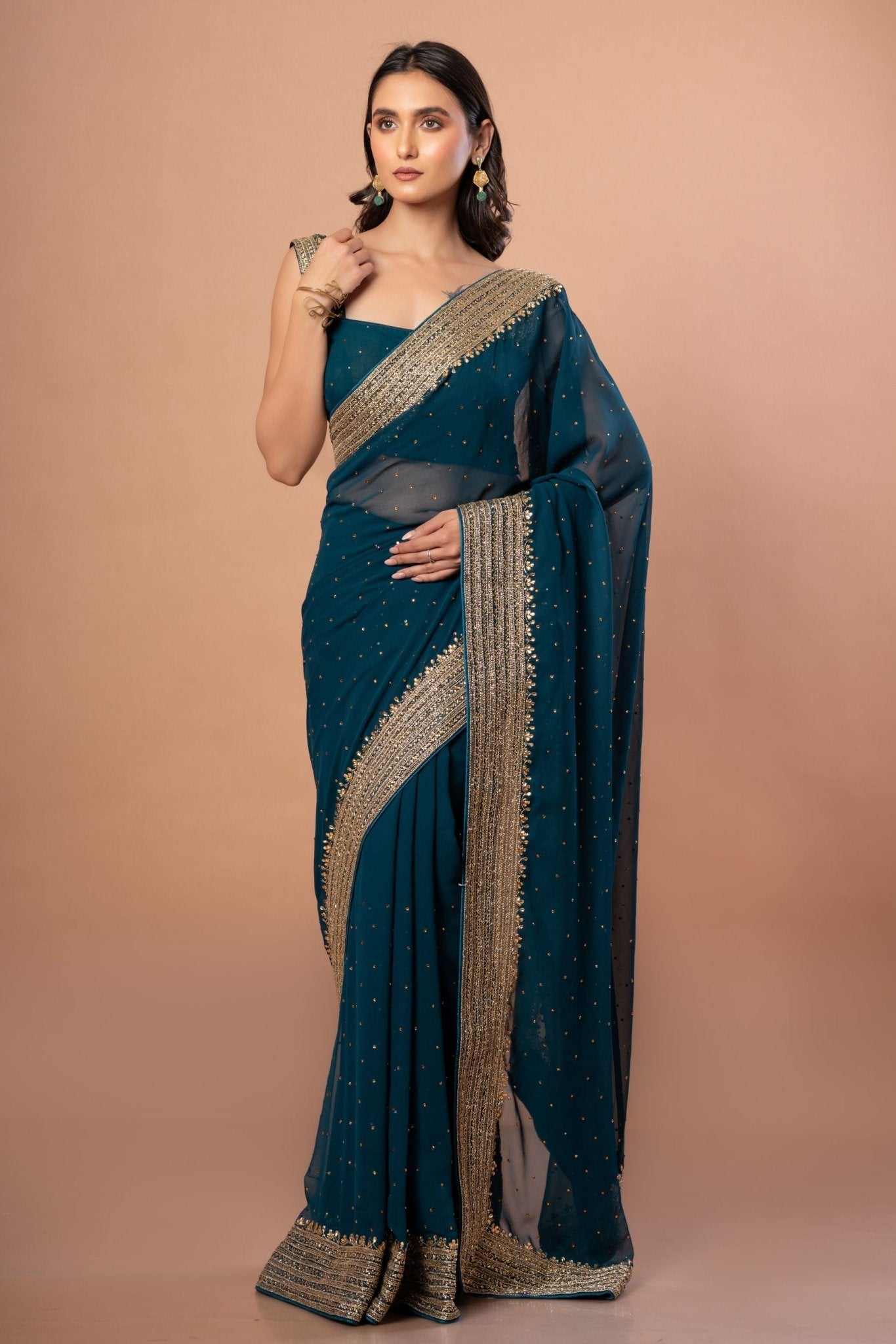 Teal Blue Designer Party Wear Saree Blouse Set With Hand Embroidered Border - Anvi Couture