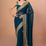 Teal Blue Designer Party Wear Saree Blouse Set With Hand Embroidered Border - Anvi Couture