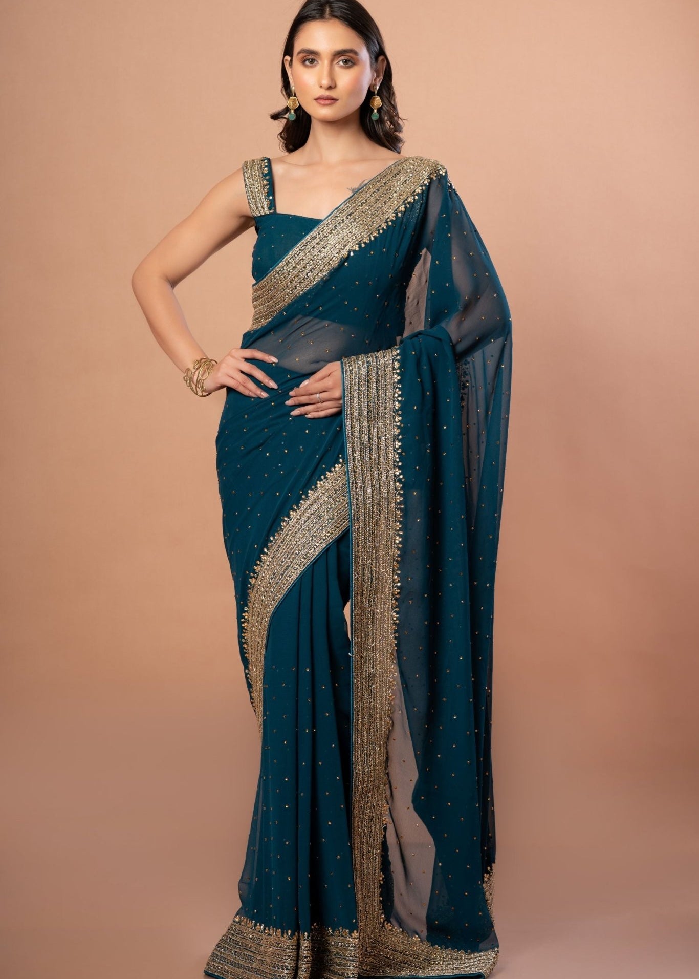 Teal Blue Designer Party Wear Saree Blouse Set With Hand Embroidered Border - Anvi Couture