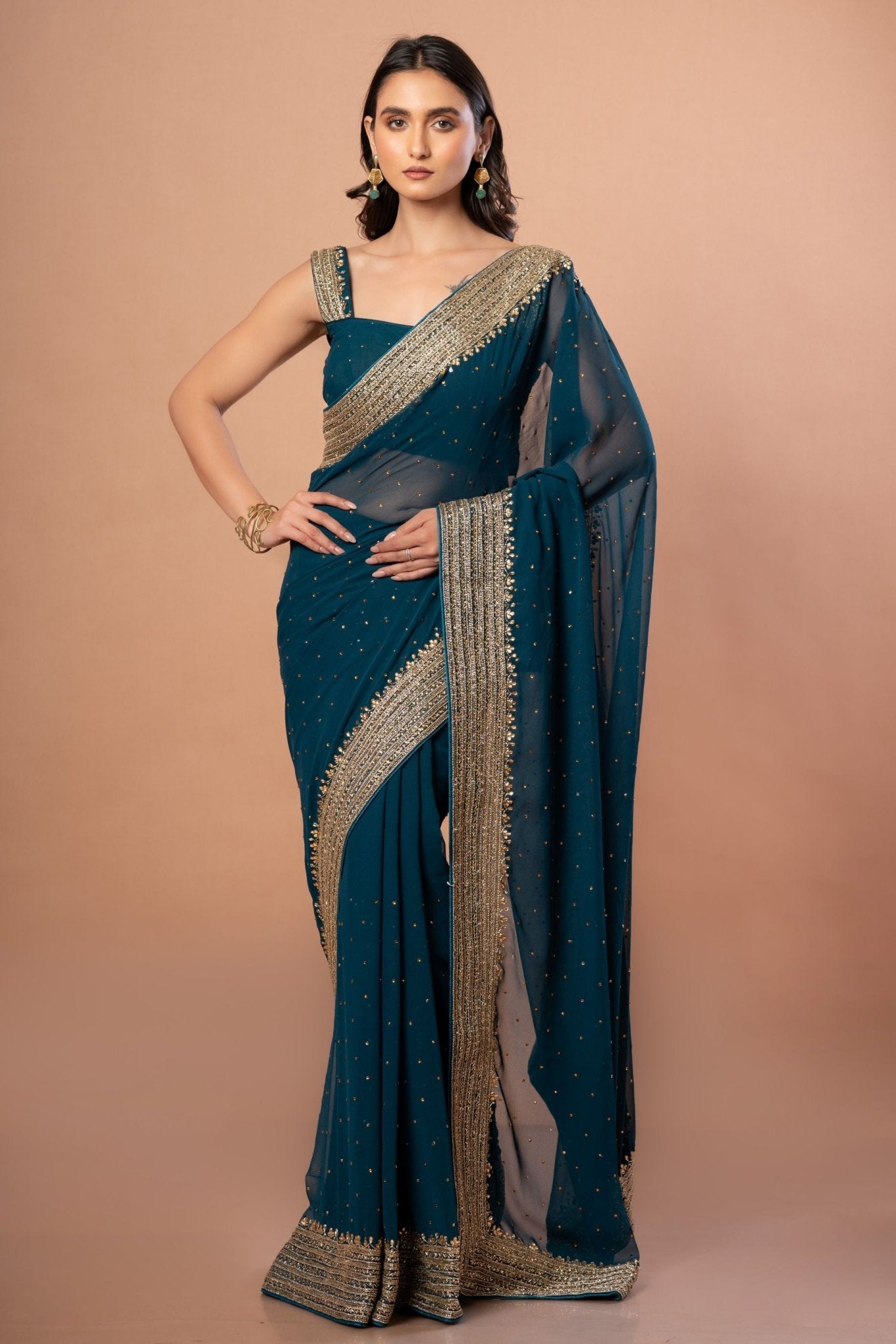Teal Blue Designer Party Wear Saree Blouse Set With Hand Embroidered Border - Anvi Couture