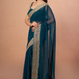 Teal Blue Designer Party Wear Saree Blouse Set With Hand Embroidered Border - Anvi Couture