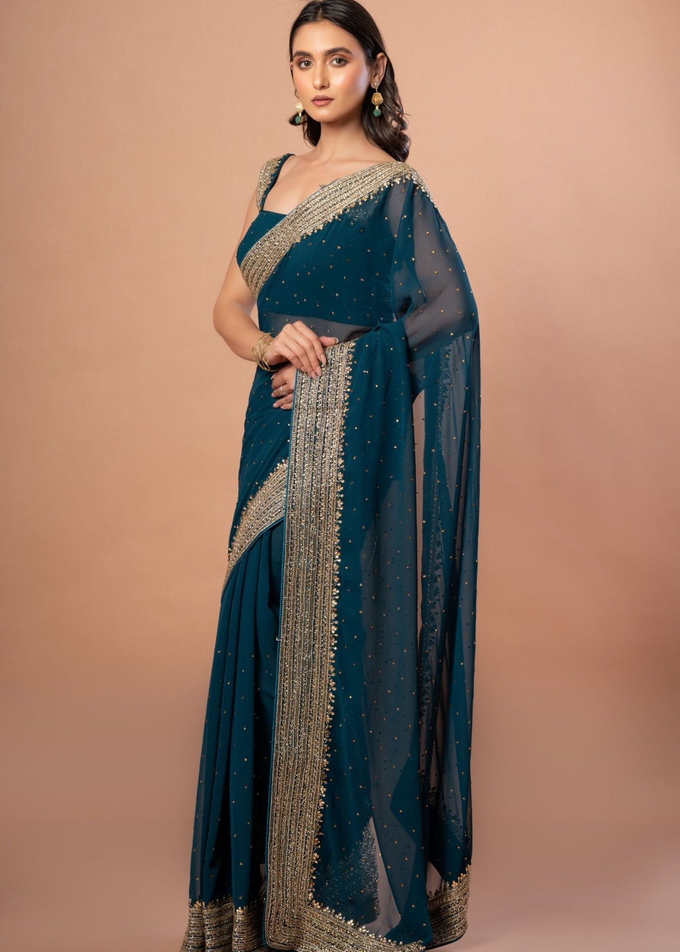 Teal Blue Designer Party Wear Saree Blouse Set With Hand Embroidered Border - Anvi Couture
