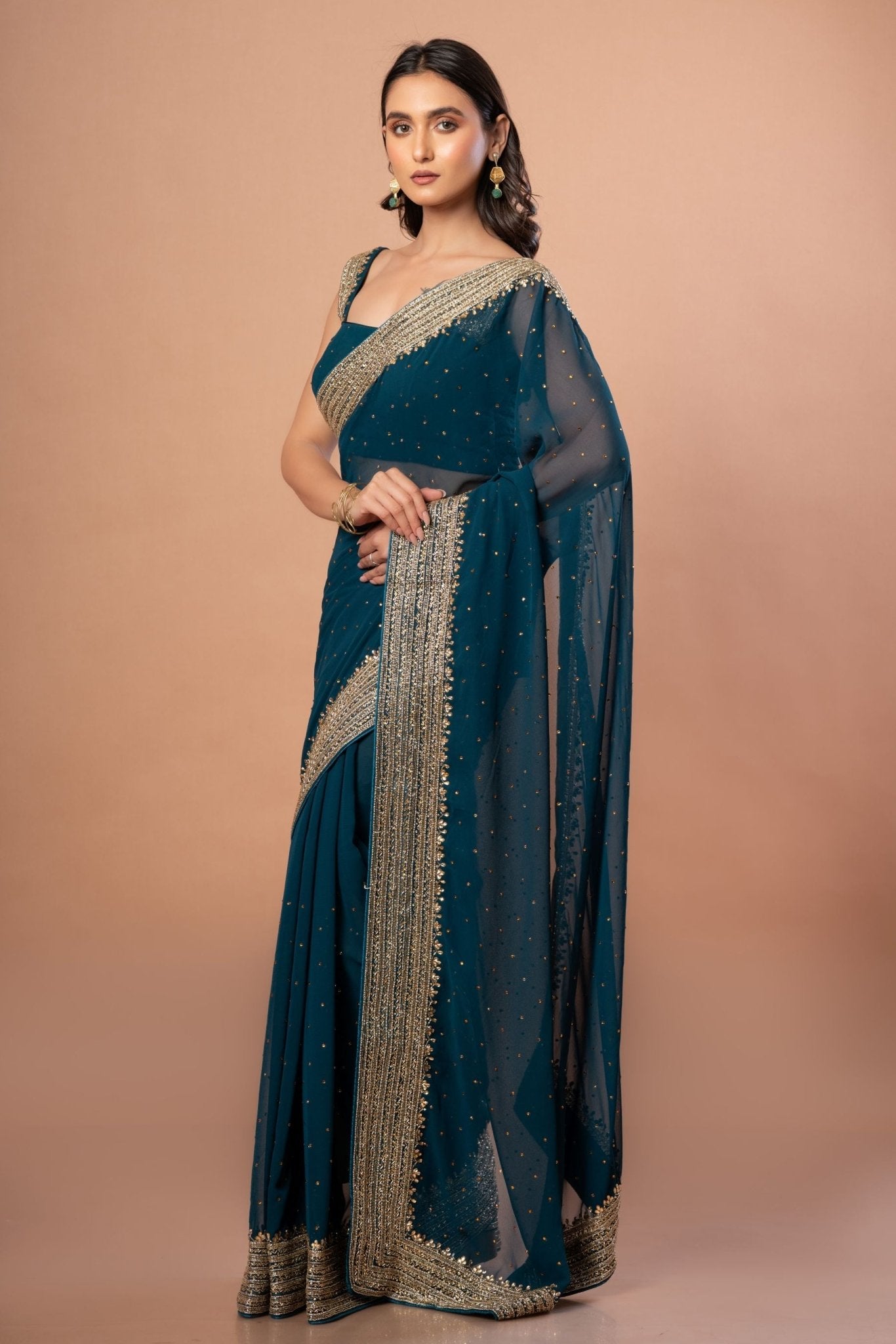 Teal Blue Designer Party Wear Saree Blouse Set With Hand Embroidered Border - Anvi Couture