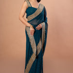 Teal Blue Designer Party Wear Saree Blouse Set With Hand Embroidered Border - Anvi Couture