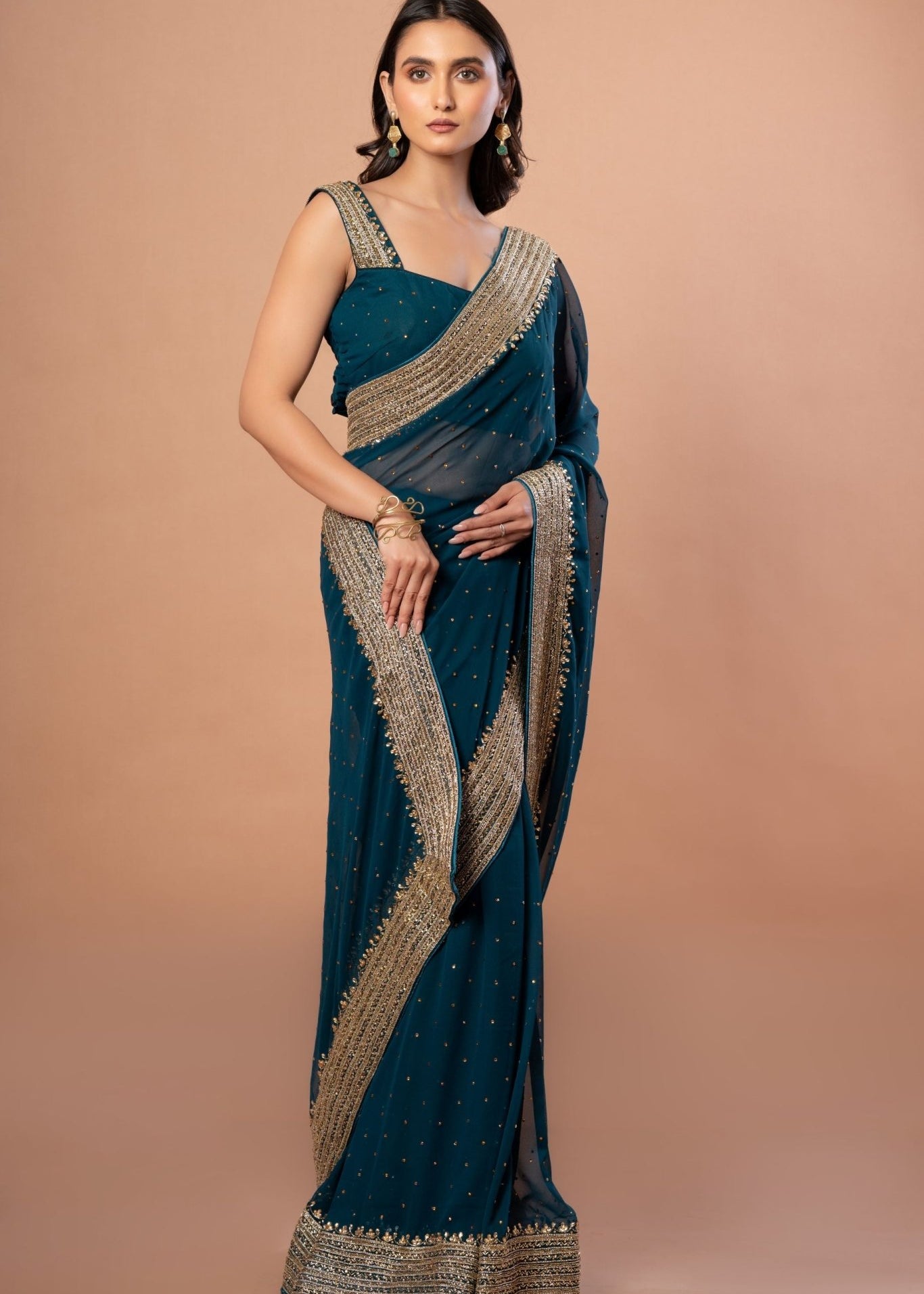 Teal Blue Designer Party Wear Saree Blouse Set With Hand Embroidered Border - Anvi Couture