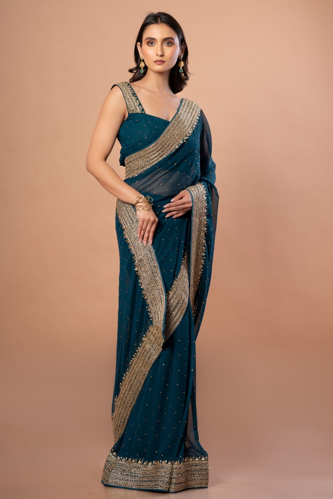 Teal Blue Designer Party Wear Saree Blouse Set With Hand Embroidered Border - Anvi Couture