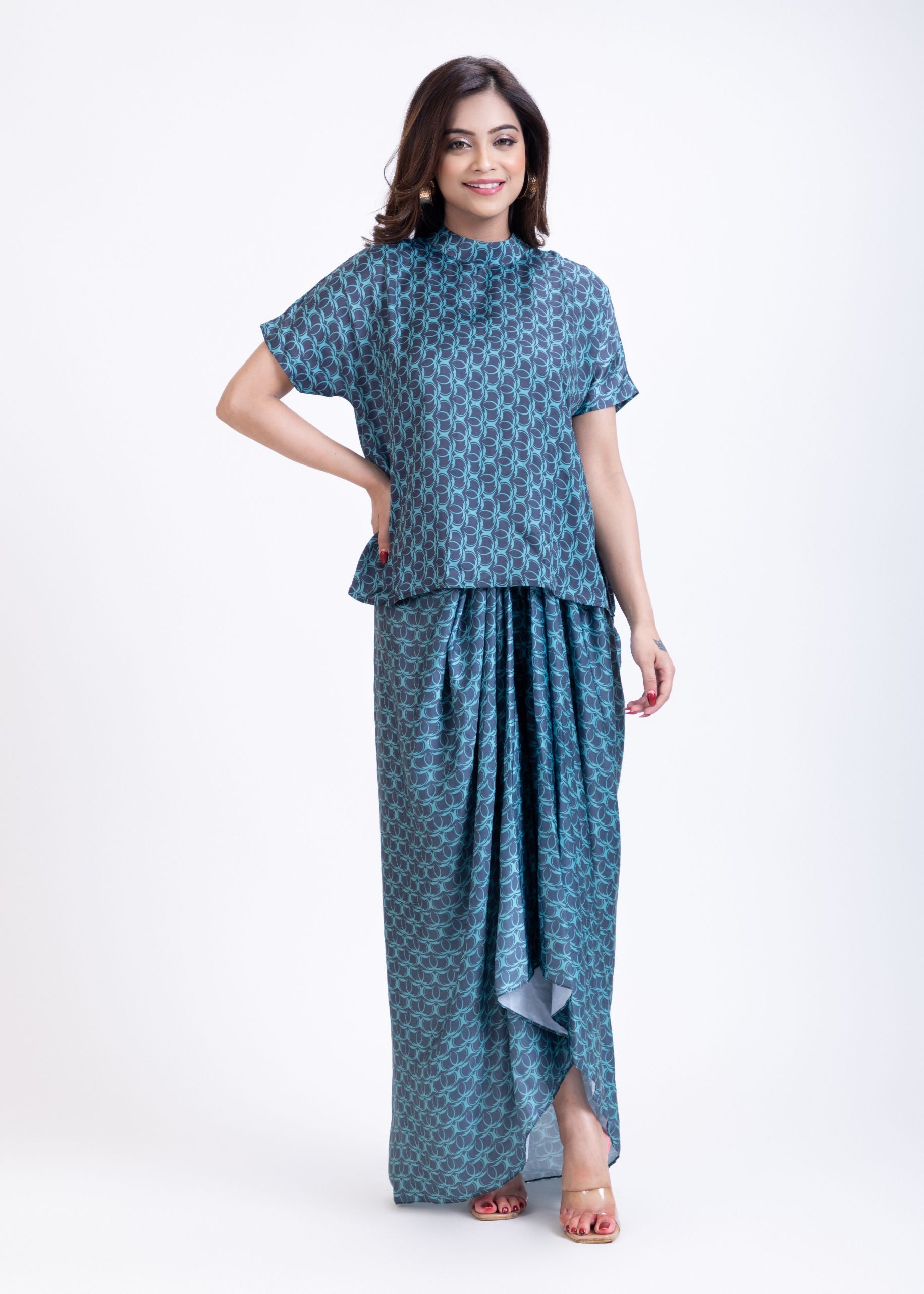 Teal Blue  Drape Skirt Co-Ord Set full